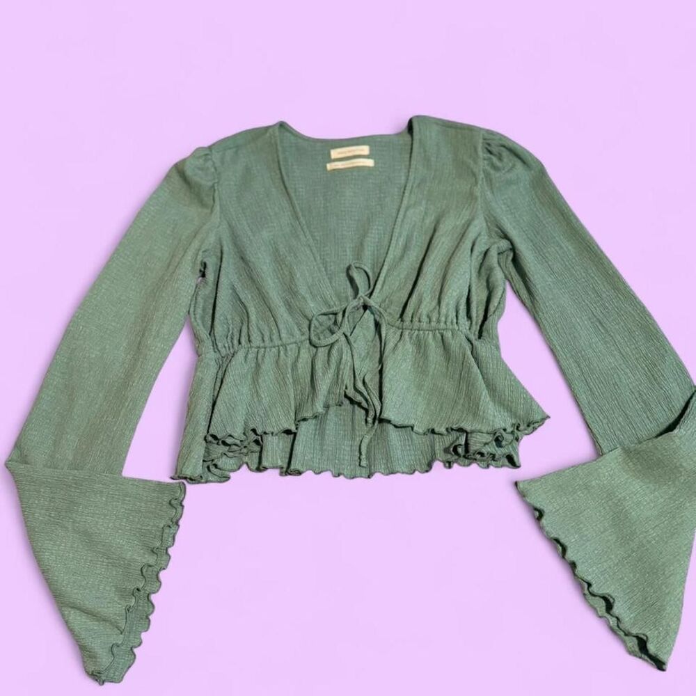 Urban Outfitters Lucielle Ruffle Tie-Front Top - Sage Green (Size M)
